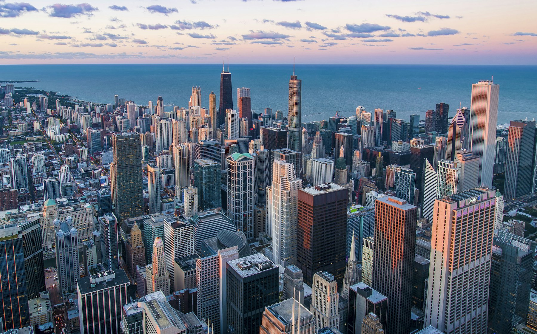 Modern city skyline at dusk